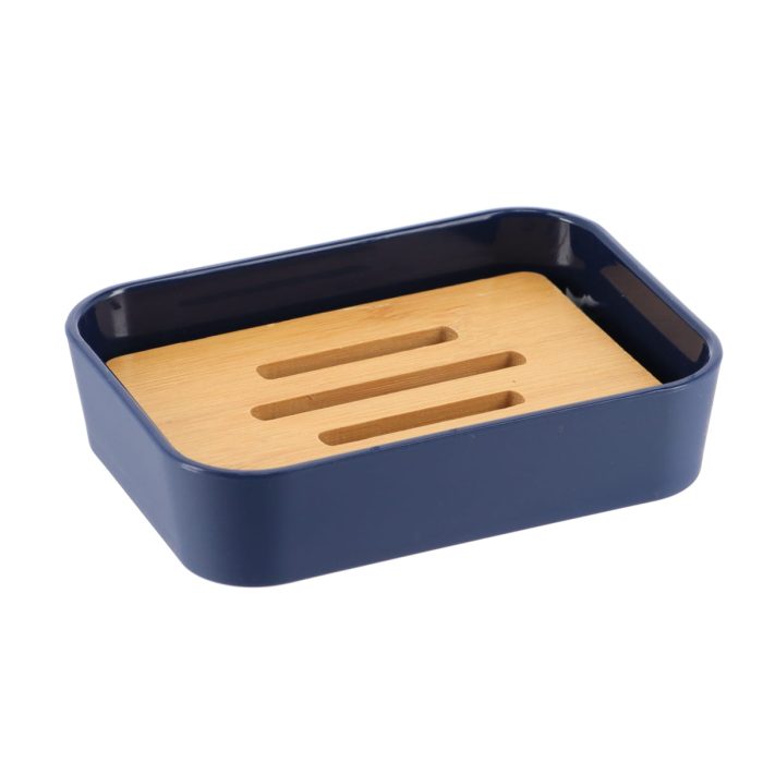 Zeephouder bamboe-kunststof marineblauw naturel RUBBER SOAP DISH + ABS AND BAMBOO - NAVY BLUE