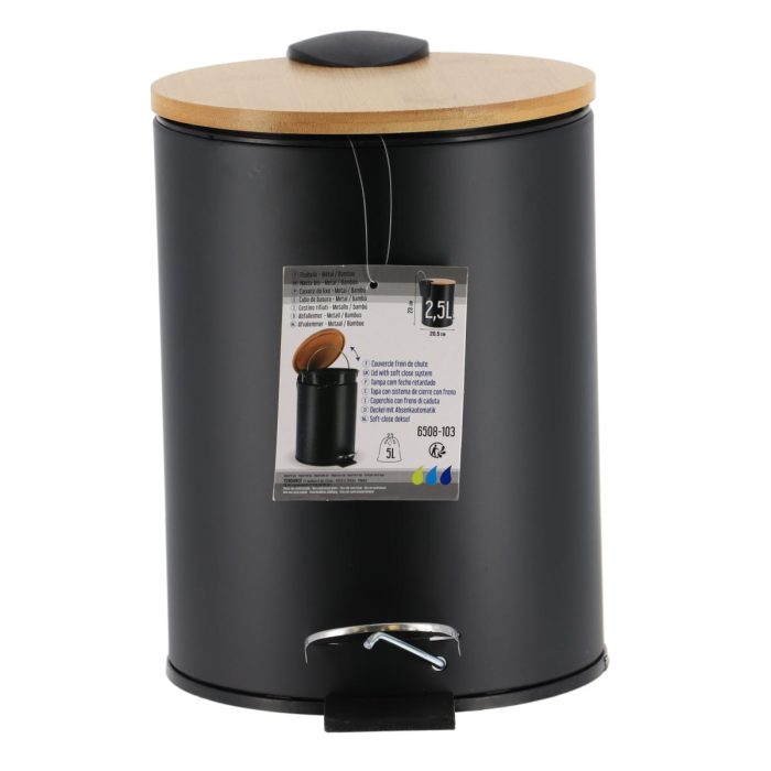 METAL DUSTBIN SOFT CLOSE 2,5L - BLACK / BAMBOO