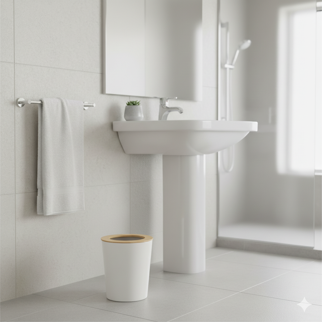 Metalen afvalemmer open bamboe deksel wit-naturel 5L