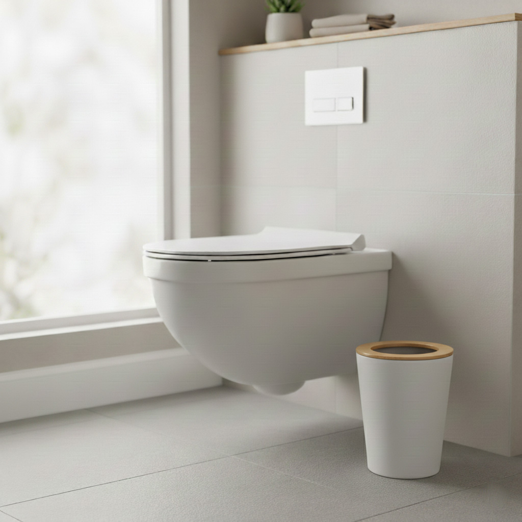 Metalen afvalemmer open bamboe deksel wit-naturel 5L