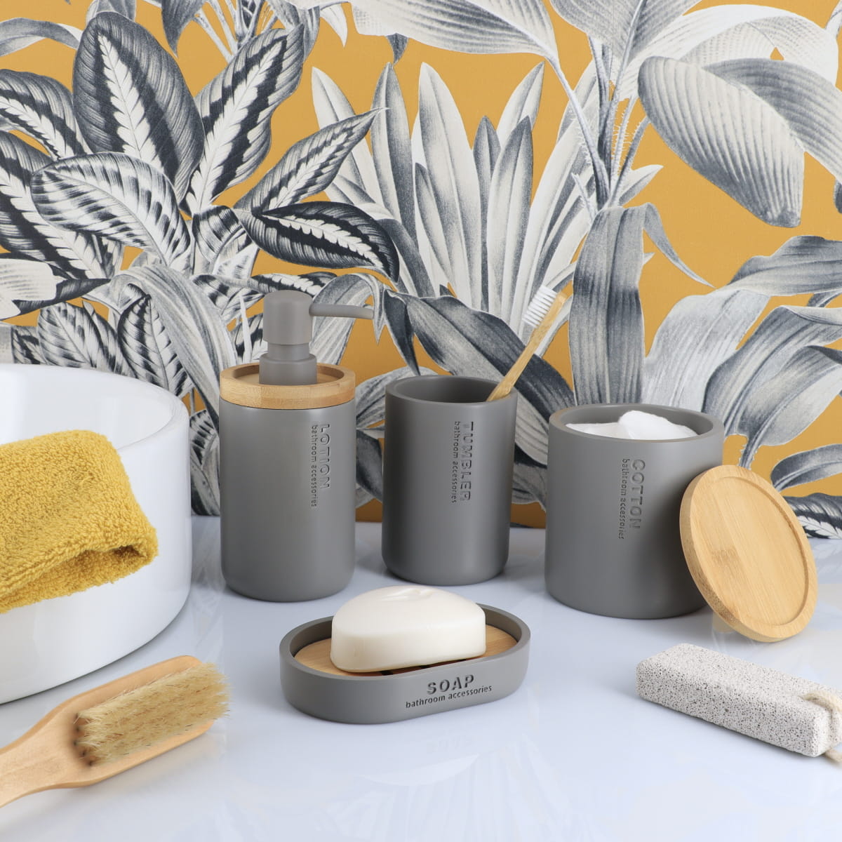 Wattenhouder polyresin bamboe grijs naturel