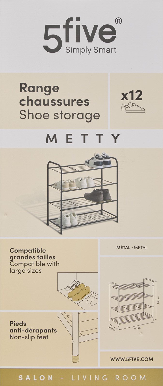 Schoenenrek metaal zwart 4 etages 71 × 31 × 74 cm